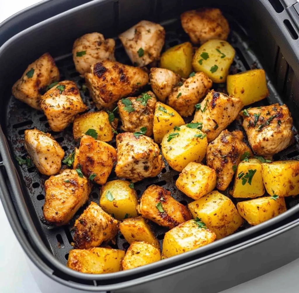 Golden cubes of air-fried chicken and potatoes in the basket