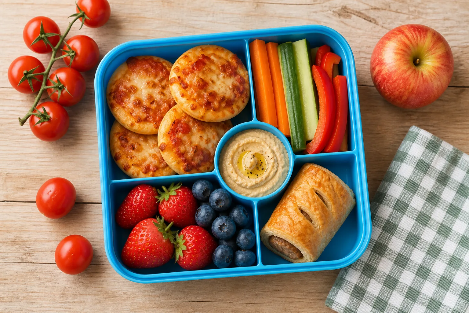 Colourful children's lunchbox with pizza wheels, vegetables, hummus, fruit and sausage rolls