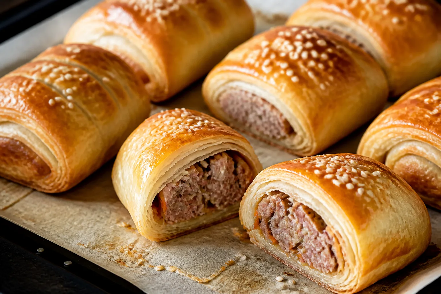 Golden homemade sausage rolls on a cooling rack, ready for lunchboxes