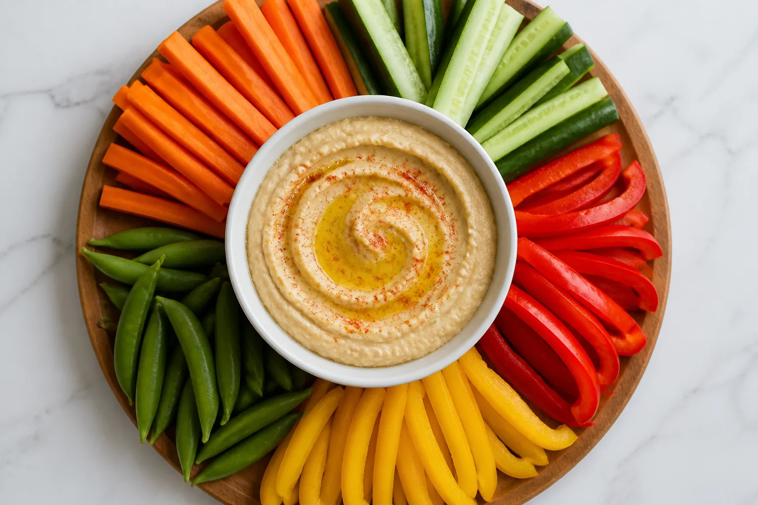 Homemade hummus in a small pot with carrot, cucumber and pepper sticks