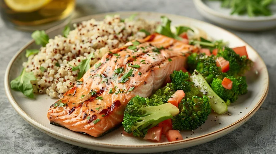 Grilled salmon with quinoa and broccoli for an evening meal