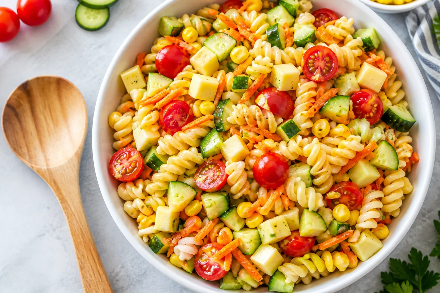Kid-friendly pasta salad with colourful vegetables in a lunchbox container
