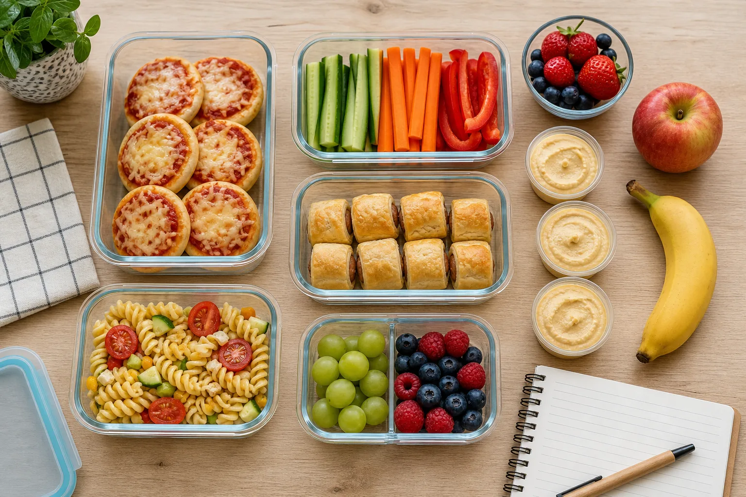Weekend meal prep scene with containers of lunchbox food ready for the school week