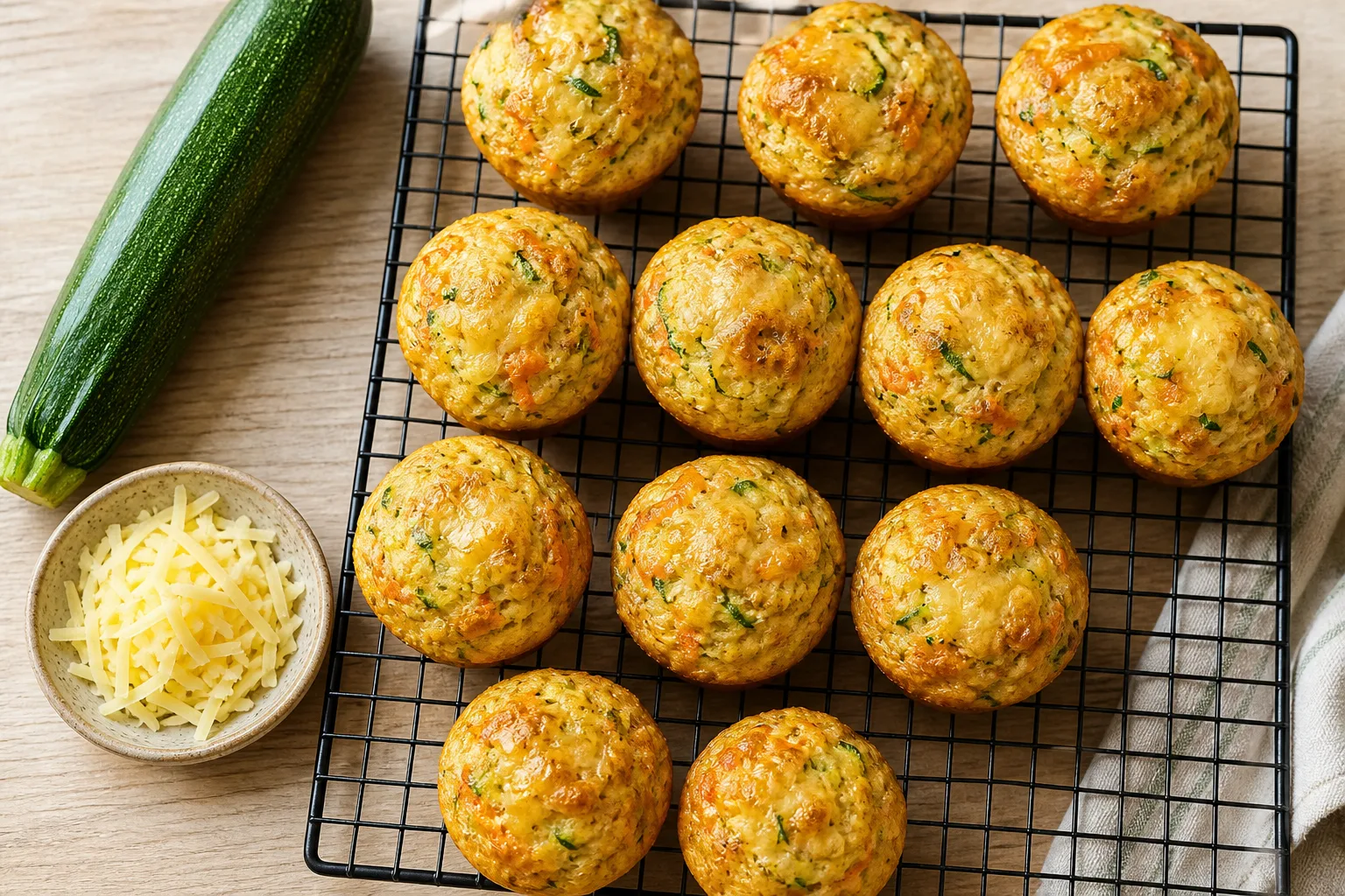 Mini savoury vegetable and cheese muffins on a wooden board