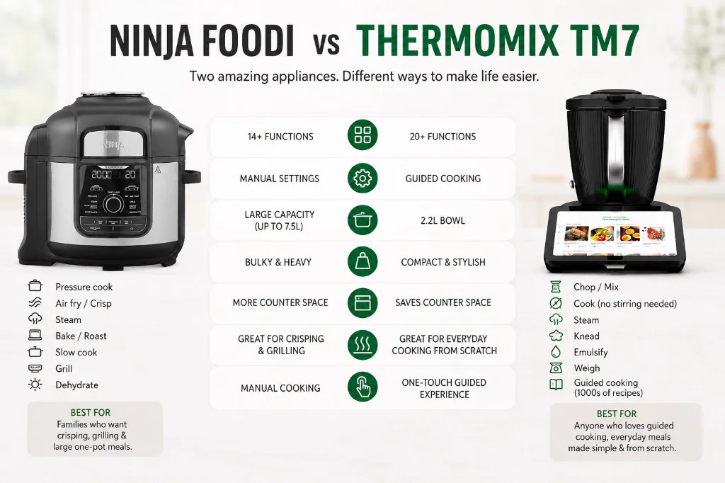 Thermomix TM7 vs Ninja Foodi — honest UK comparison infographic