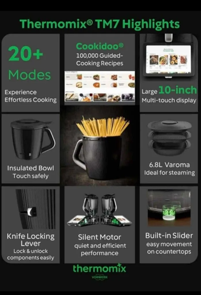 Thermomix TM7 highlights — guided Cookidoo cooking, 10-inch display, Varoma steaming and 20+ modes