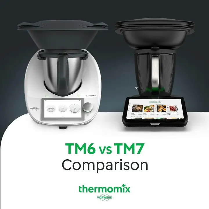 Thermomix TM6 vs TM7 comparison — white TM6 and black TM7 side by side