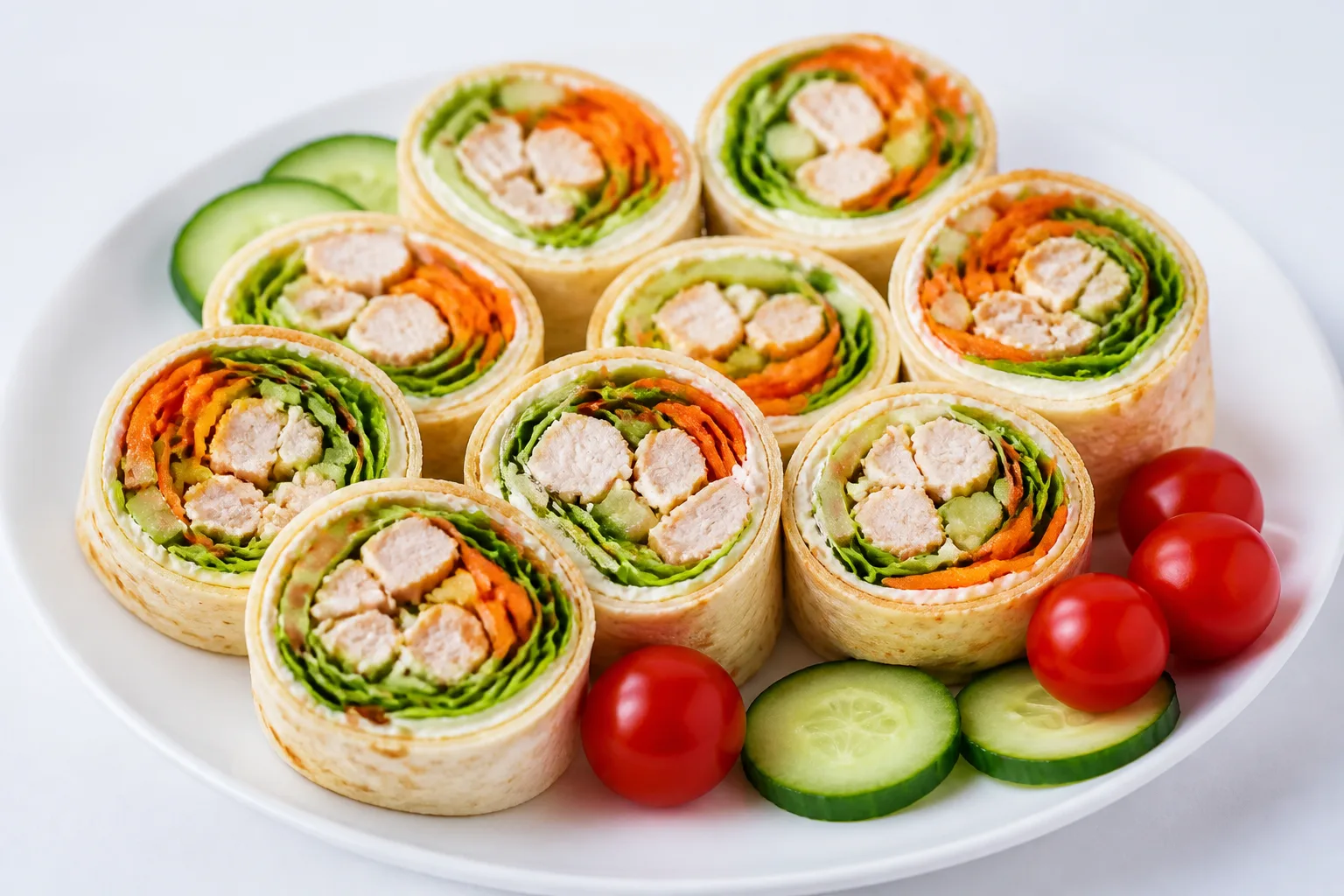 Colourful chicken and vegetable wrap pinwheels sliced and arranged on a plate